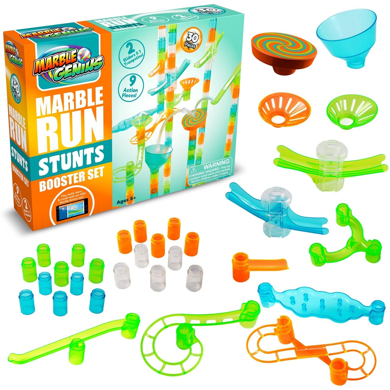 Marble Genius Add On Set, Marble Run Stunts Booster Set: 30 Pieces Total, 9 Action Pieces Including New Patented Trampoline, Full-Color Instruction Booklet, Made for Ages 3-14